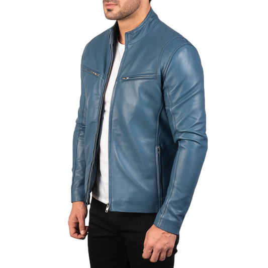 Men’s Electric Blue Leather Biker Jacket