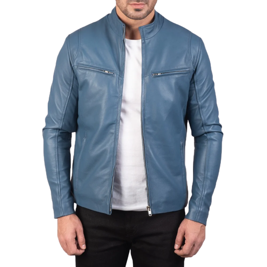 Men’s Electric Blue Leather Biker Jacket