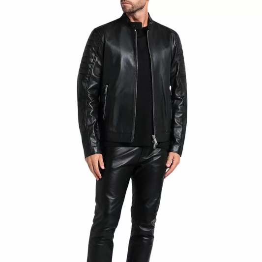 Men’s Black Quilted Leather Cafe Racer Jacket